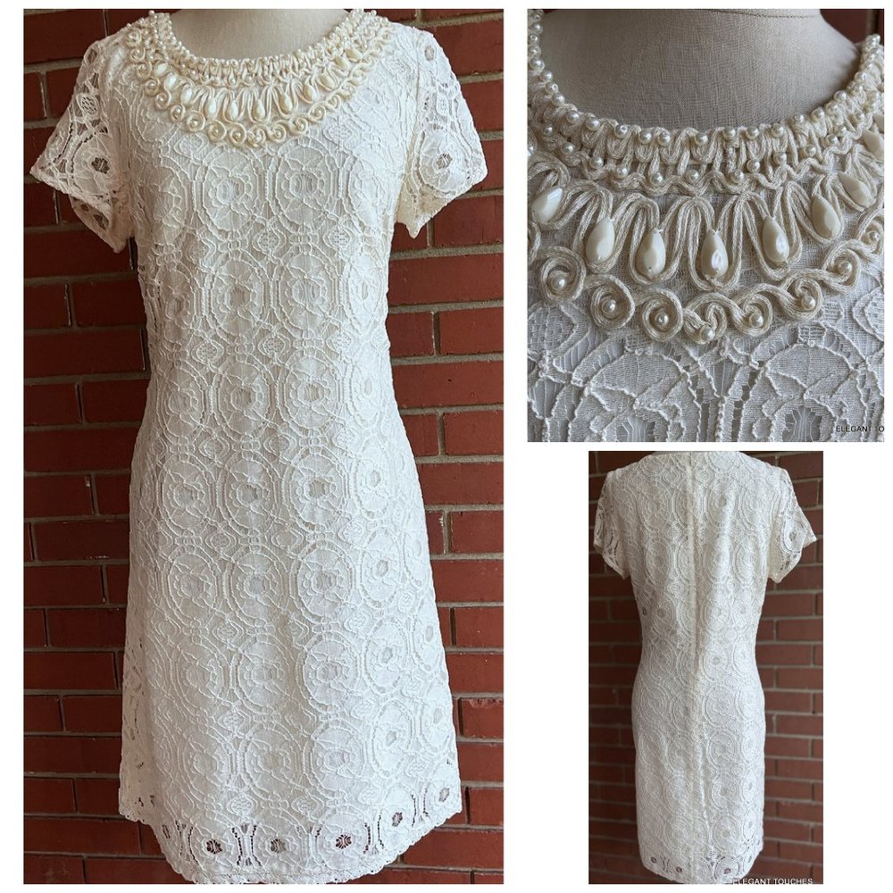 Ronni Nicole Ivory Lace Dress 6 Short Sleeve Beaded Neckline Lined Knee Length M